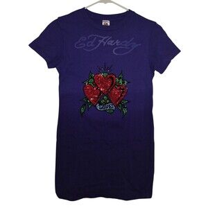 Vtg Ed Hardy Christian Audigier Kids Tee Size Large Purple Love Y2K 3 Hearts NWT